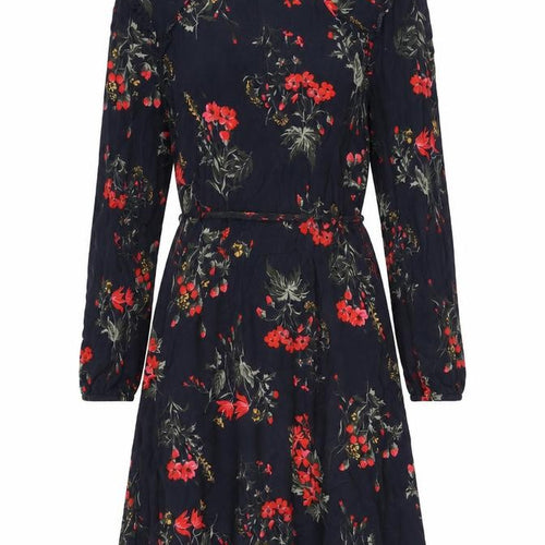 Oasis Womens Blue Floral Viscose A-Line Size 10 Round Neck Button - Belted Frill