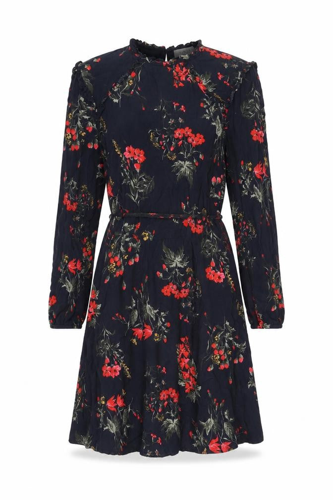 Oasis Womens Blue Floral Viscose A-Line Size 10 Round Neck Button - Belted Frill