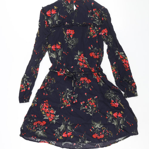 Oasis Womens Blue Floral Viscose A-Line Size 10 Round Neck Button - Belted Frill