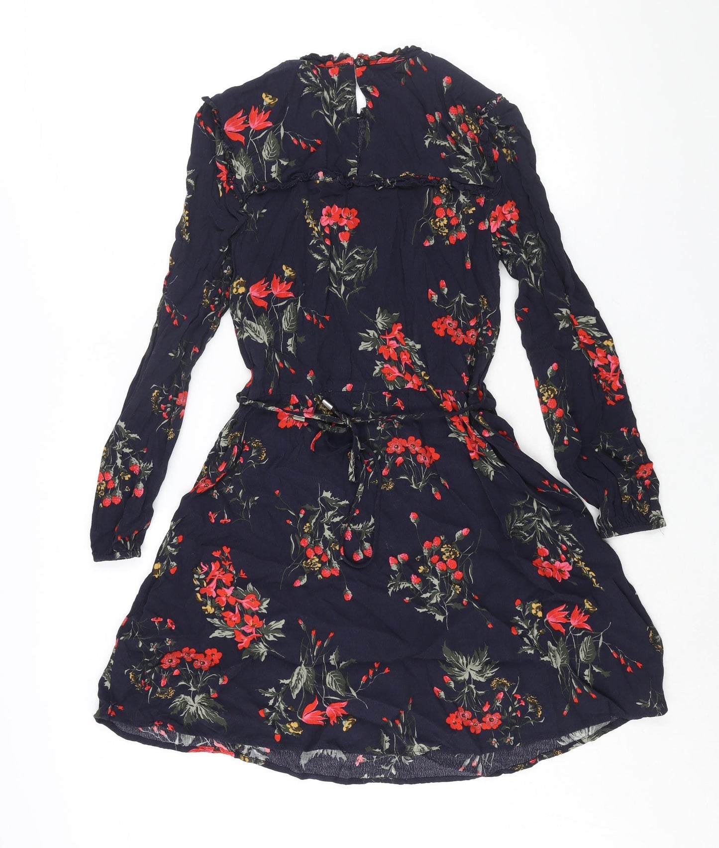 Oasis Womens Blue Floral Viscose A-Line Size 10 Round Neck Button - Belted Frill
