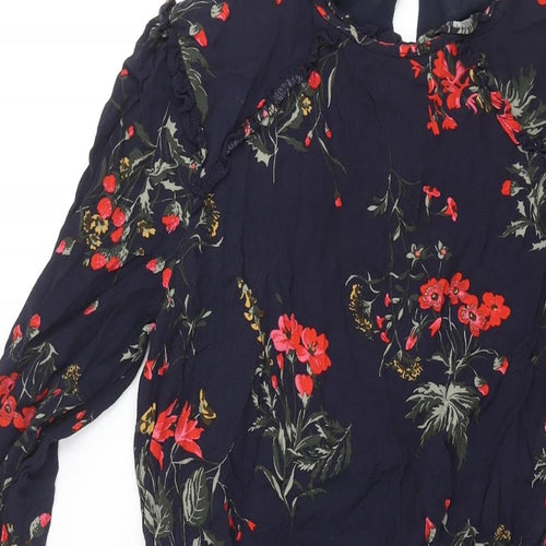 Oasis Womens Blue Floral Viscose A-Line Size 10 Round Neck Button - Belted Frill