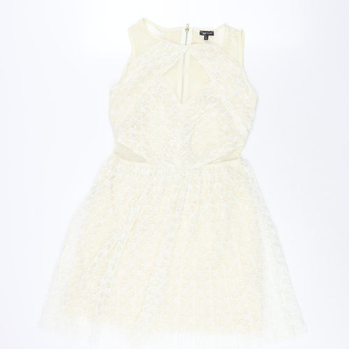 River Island Womens Ivory Polyester Fit & Flare Size 10 Round Neck Zip - Panelled