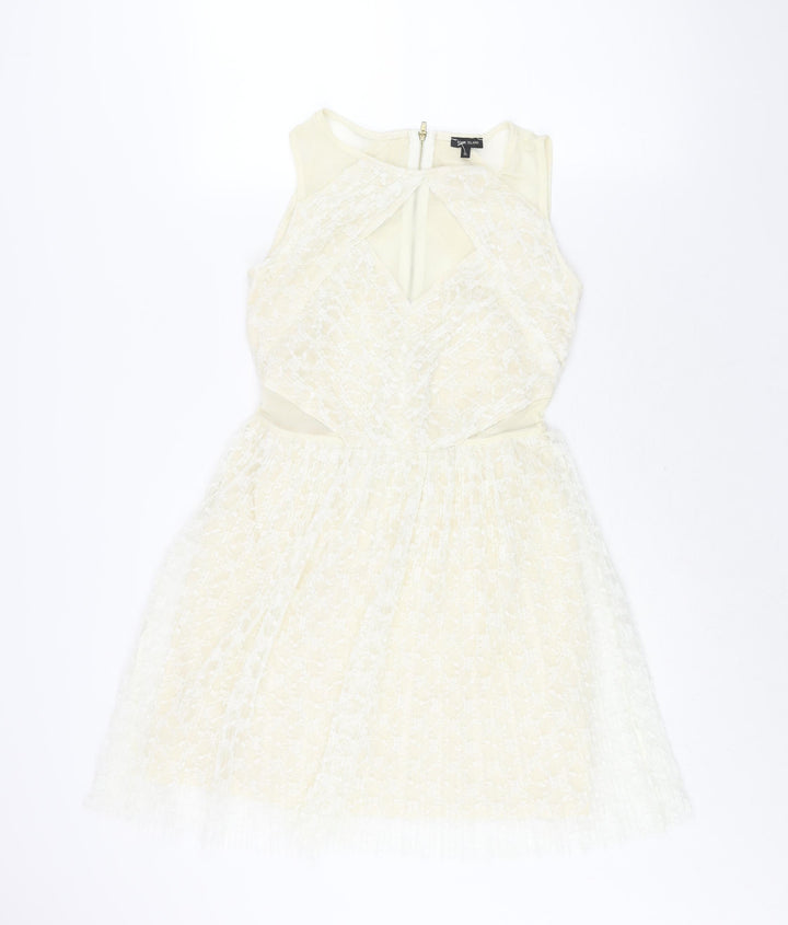 River Island Womens Ivory Polyester Fit & Flare Size 10 Round Neck Zip - Panelled