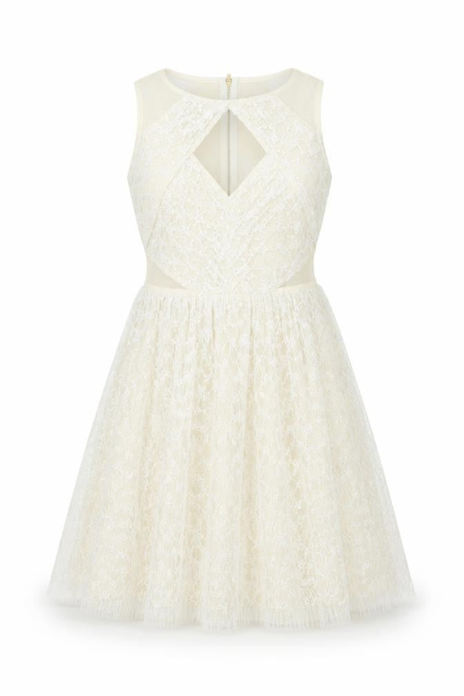 Front view of River Island women’s ivory polyester fit & flare, size UK 10, round neck zip - panelled