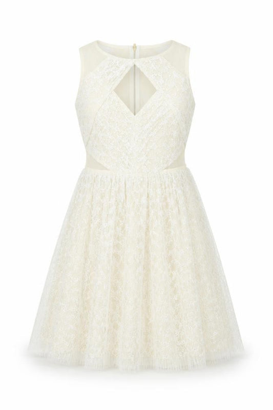 Front view of River Island women’s ivory polyester fit & flare, size UK 10, round neck zip - panelled