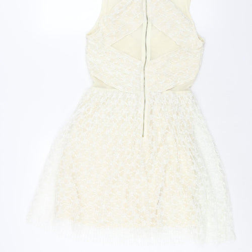 River Island Womens Ivory Polyester Fit & Flare Size 10 Round Neck Zip - Panelled