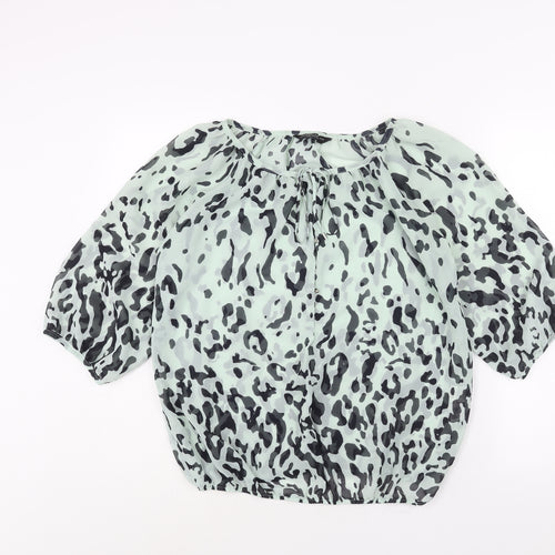 Dorothy Perkins Womens Blue Animal Print Polyester Basic Blouse Size 12 Round Neck - Leopard Print Semi Sheer Tie