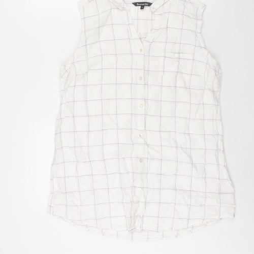 Bonmarché Womens White Check Linen Basic Button-Up Size 16 Collared