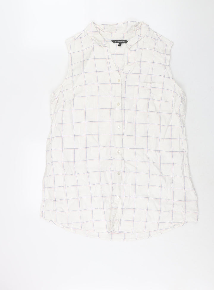 Bonmarché Womens White Check Linen Basic Button-Up Size 16 Collared
