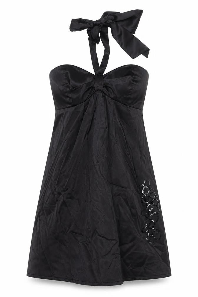 Front view of Pure women’s black polyester a-line, size UK 12, halter zip - floral sequin