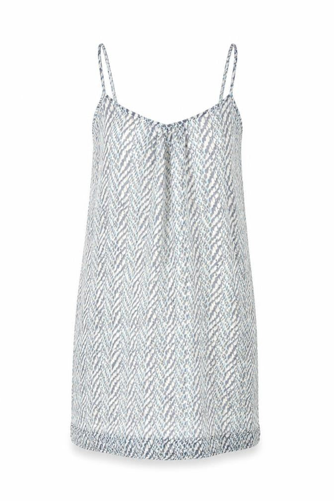 Front view of Only women’s blue geometric polyester tank dress, size UK 8, scoop neck pullover