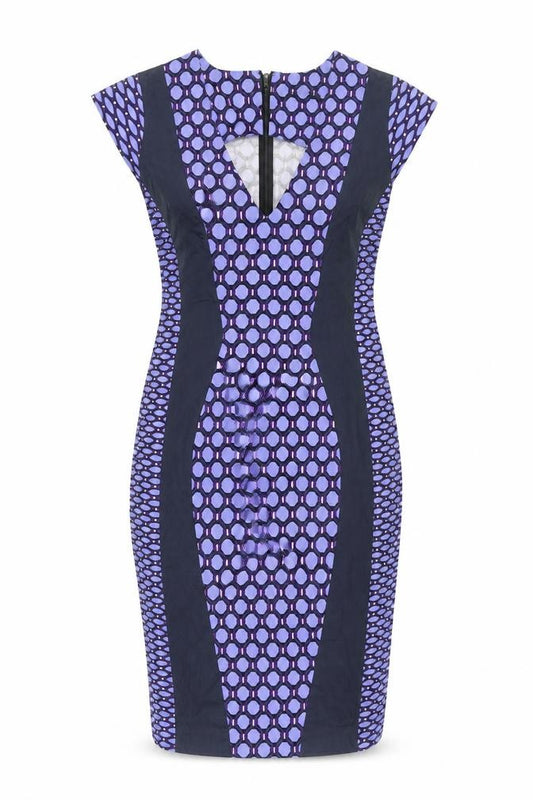 Front view of French Connection women’s purple geometric cotton pencil dress, size UK 12, v-neck zip