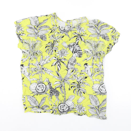 Warehouse Womens Yellow Geometric Viscose Basic Blouse Size 10 Round Neck - Floral Bird Print
