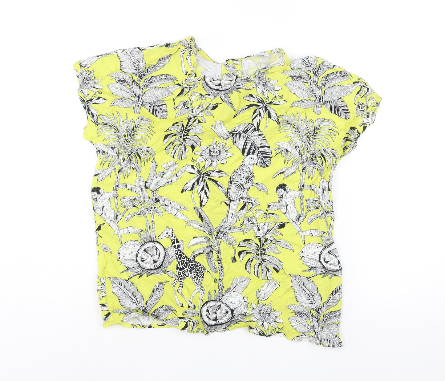Warehouse Womens Yellow Geometric Viscose Basic Blouse Size 10 Round Neck - Floral Bird Print