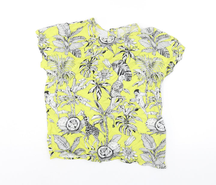 Warehouse Womens Yellow Geometric Viscose Basic Blouse Size 10 Round Neck - Floral Bird Print