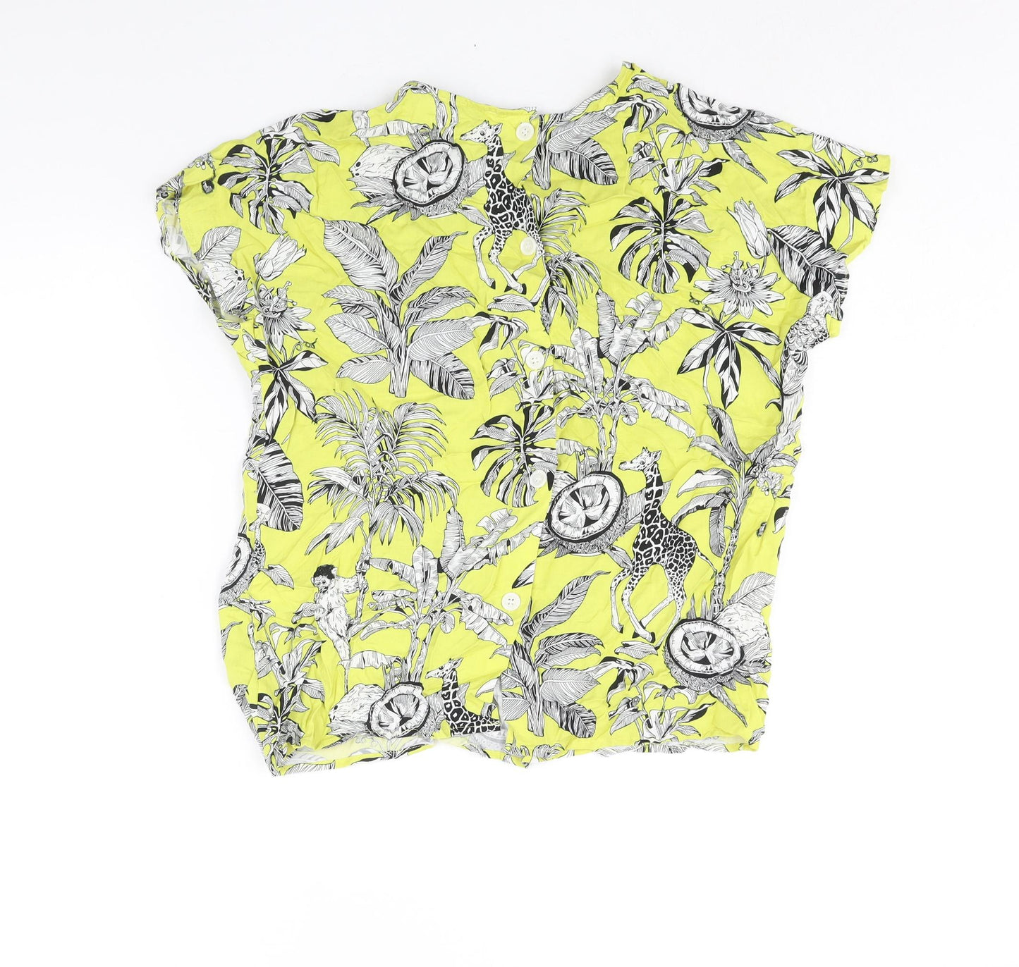 Warehouse Womens Yellow Geometric Viscose Basic Blouse Size 10 Round Neck - Floral Bird Print