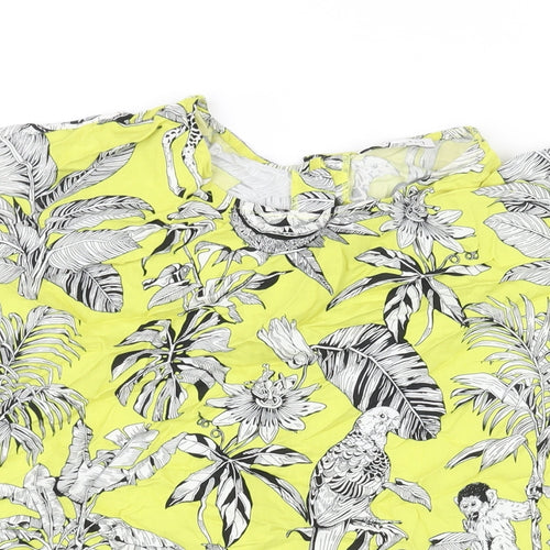 Warehouse Womens Yellow Geometric Viscose Basic Blouse Size 10 Round Neck - Floral Bird Print