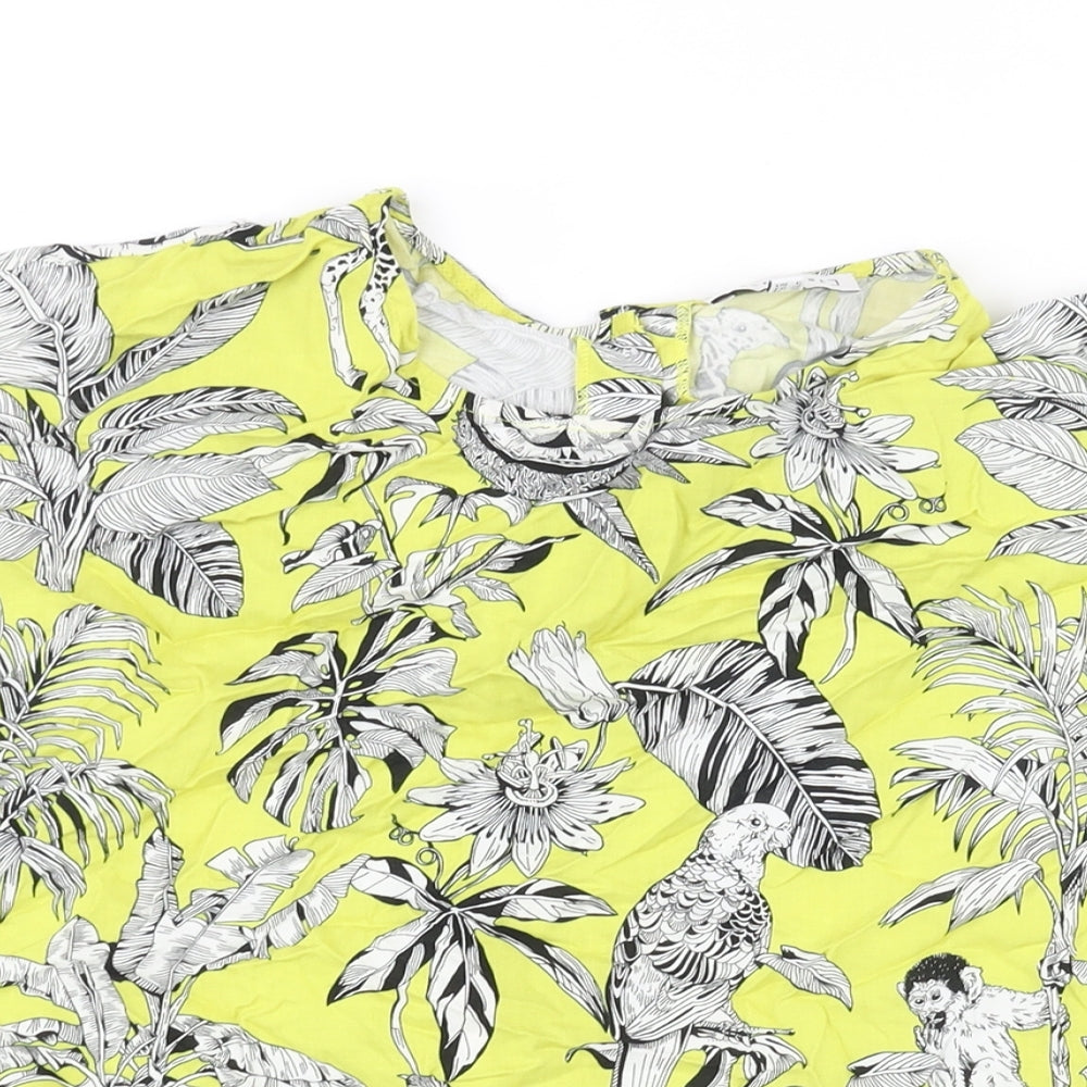 Warehouse Womens Yellow Geometric Viscose Basic Blouse Size 10 Round Neck - Floral Bird Print