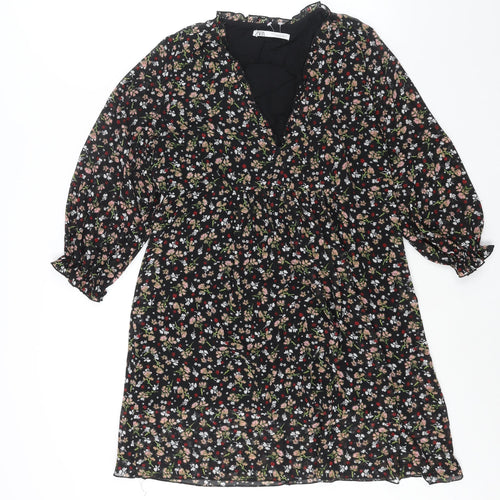 Zara Womens Black Floral Polyester A-Line Size M V-Neck Pullover - Frill