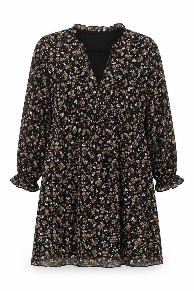 Front view of Zara women’s black floral polyester a-line, size M, v-neck pullover - frill