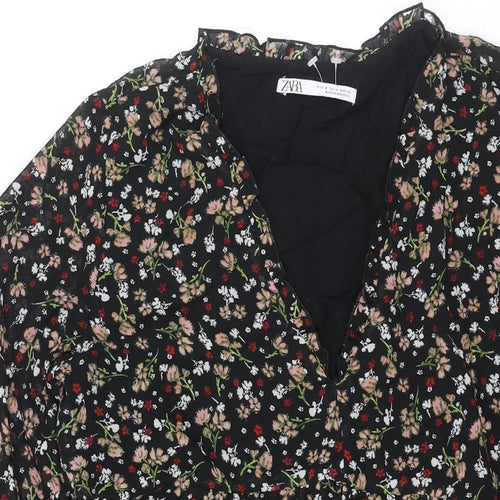 Zara Womens Black Floral Polyester A-Line Size M V-Neck Pullover - Frill