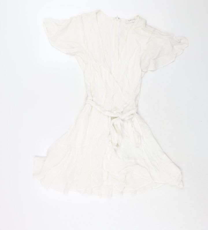 Bacio Womens White Viscose A-Line Size S V-Neck Zip - Frill Belted