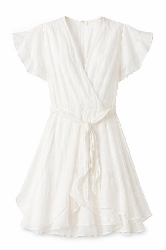 Front view of Bacio women’s white viscose a-line, size S, v-neck zip - frill belted