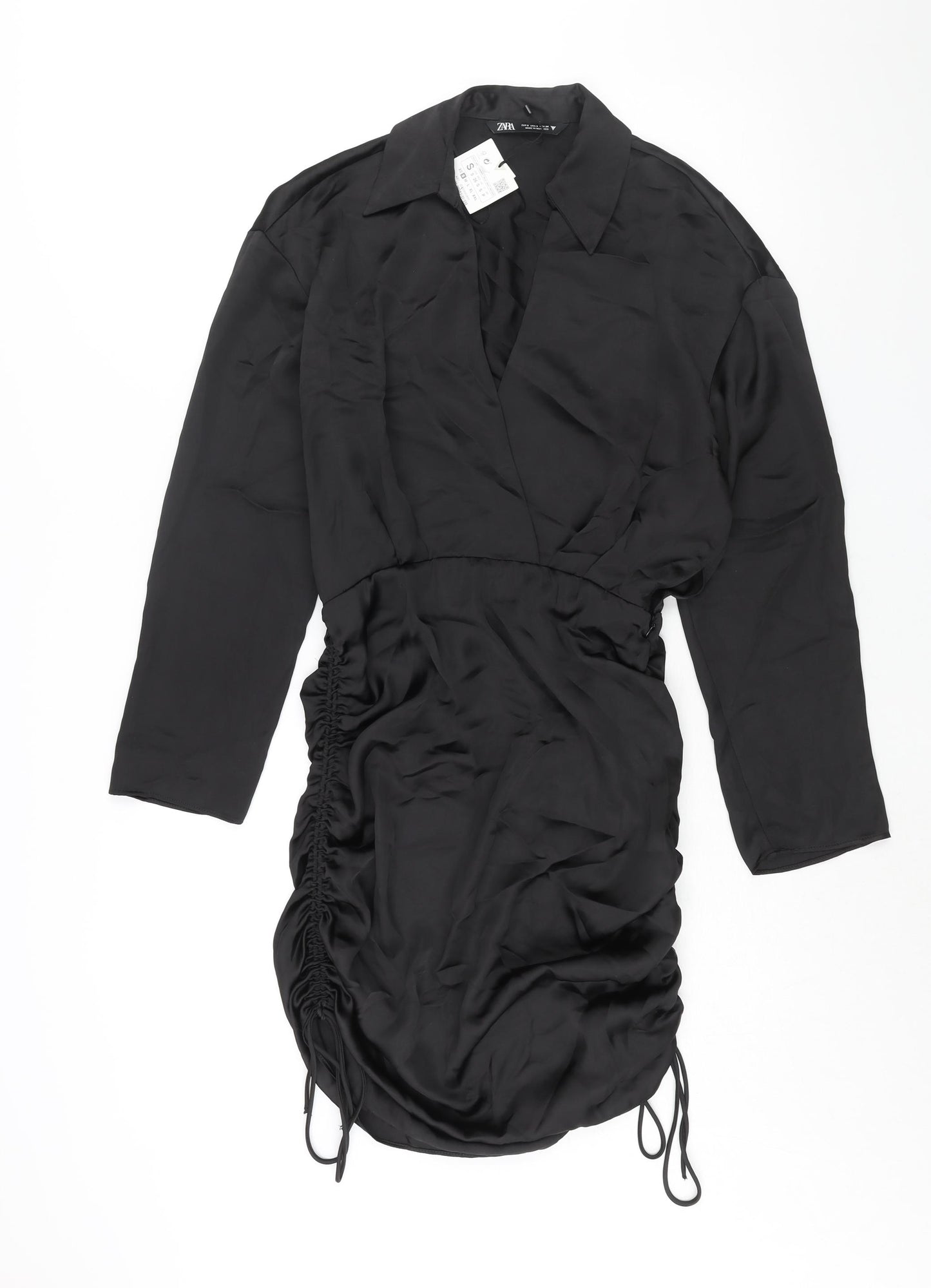 Zara Womens Black Polyester Shift Size S Collared Zip - Drawstring Detail