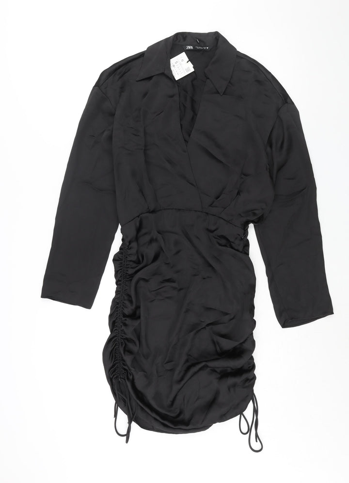 Zara Womens Black Polyester Shift Size S Collared Zip - Drawstring Detail