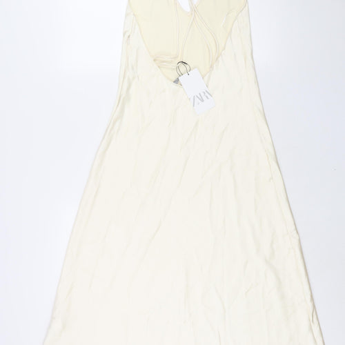 Zara Womens Ivory Viscose Slip Dress Size S V-Neck Zip