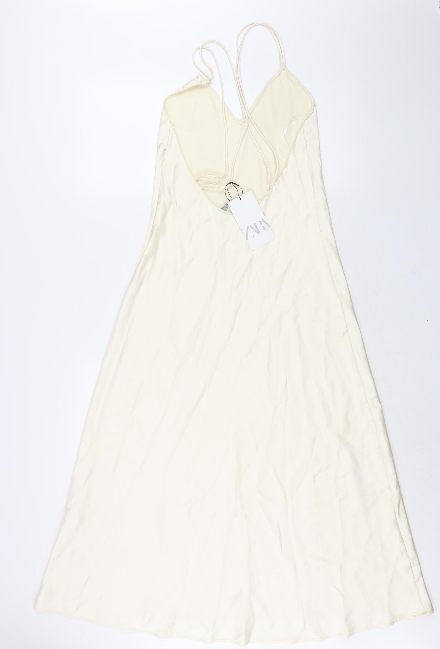 Zara Womens Ivory Viscose Slip Dress Size S V-Neck Zip