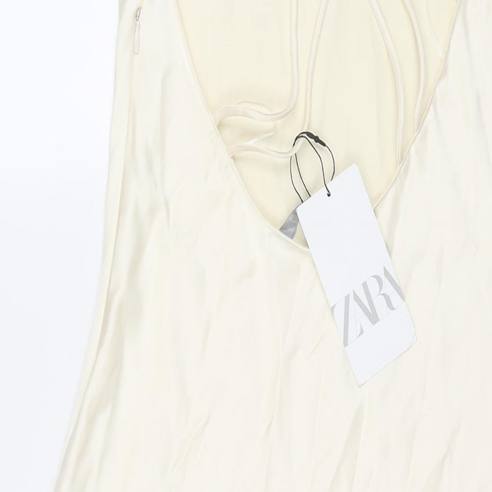 Zara Womens Ivory Viscose Slip Dress Size S V-Neck Zip