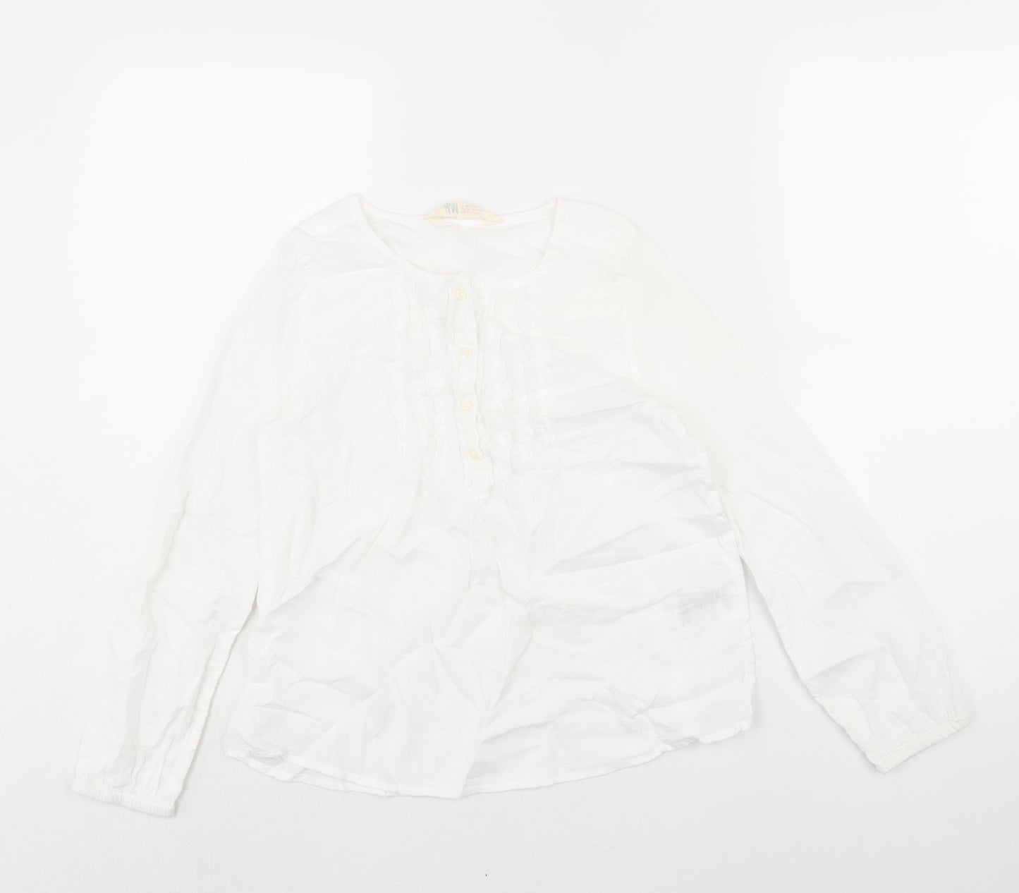 H&M Girls White Cotton Basic Blouse Size 10 Years Round Neck Button - Frill