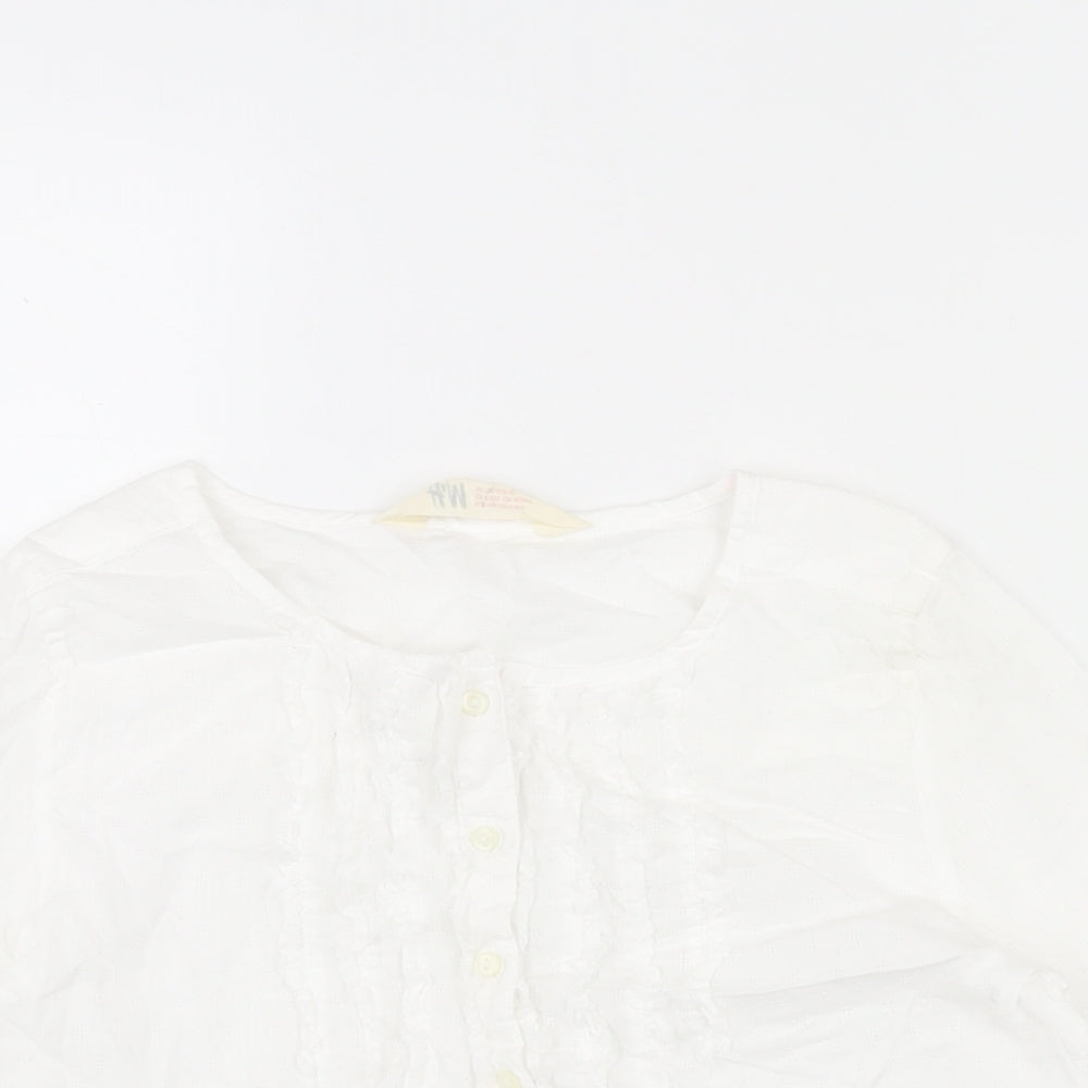 H&M Girls White Cotton Basic Blouse Size 10 Years Round Neck Button - Frill