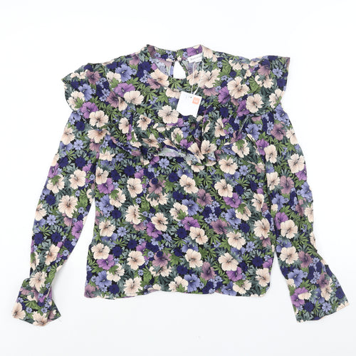 Warehouse Womens Multicoloured Floral Viscose Basic Blouse Size 8 Mock Neck - Frill