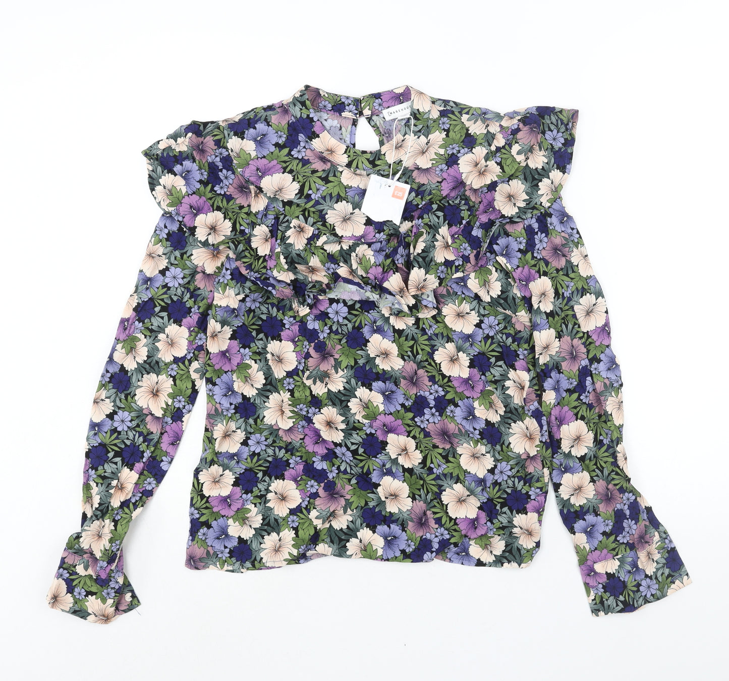 Warehouse Womens Multicoloured Floral Viscose Basic Blouse Size 8 Mock Neck - Frill