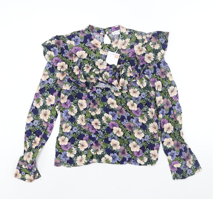 Warehouse Womens Multicoloured Floral Viscose Basic Blouse Size 8 Mock Neck - Frill