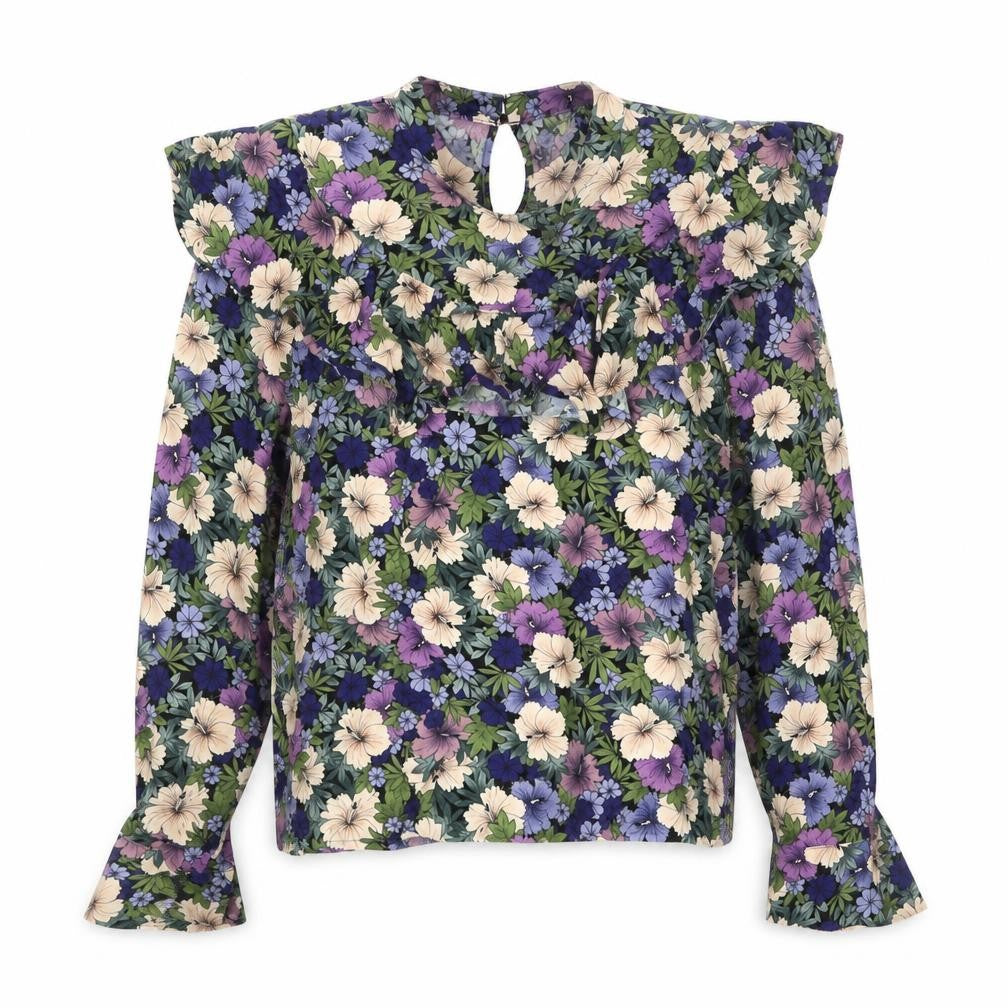 Front view of Warehouse women’s multicoloured floral viscose basic blouse, size UK 8, mock neck - frill