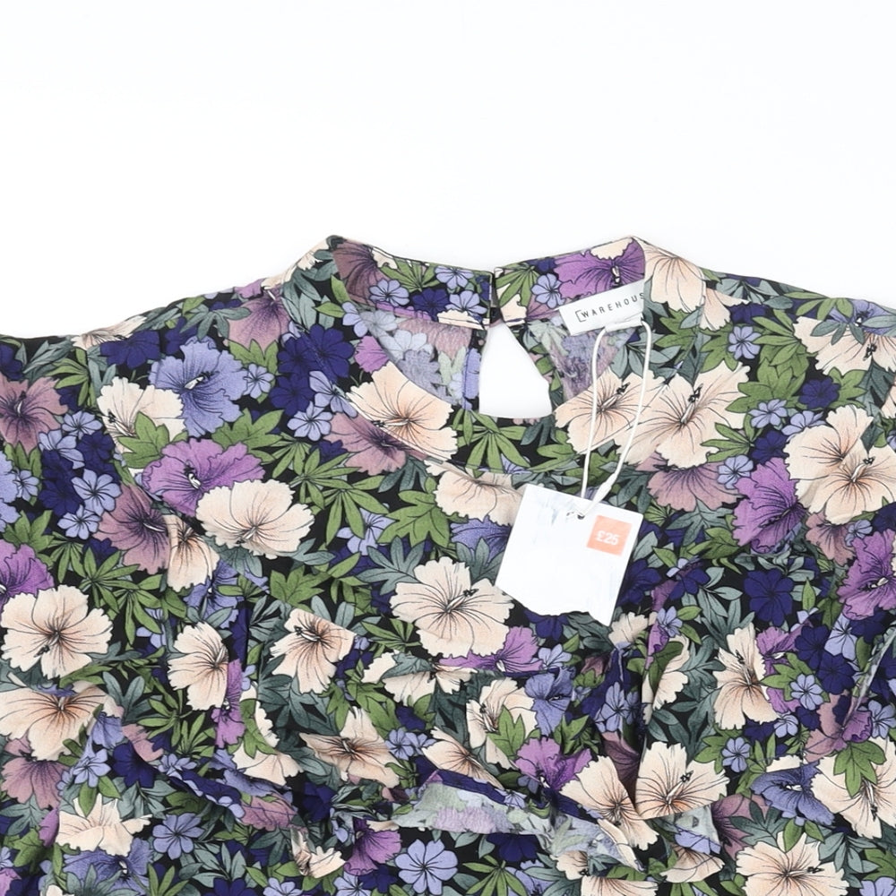 Warehouse Womens Multicoloured Floral Viscose Basic Blouse Size 8 Mock Neck - Frill