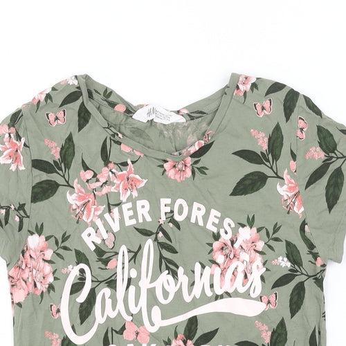 H&M Girls Green Floral Polyester Basic T-Shirt Size 13-14 Years Round Neck Pullover - River Forest California Glitter