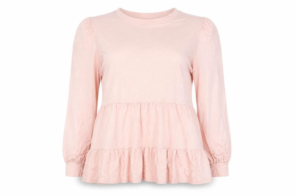Front view of New Look women’s pink viscose basic blouse, size UK 14, round neck - smocked