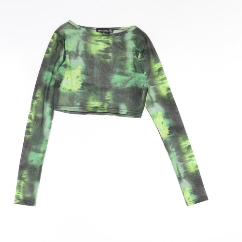 PRETTYLITTLETHING Womens Green Geometric Polyester Basic Blouse Size 6 Round Neck - Semi Sheer