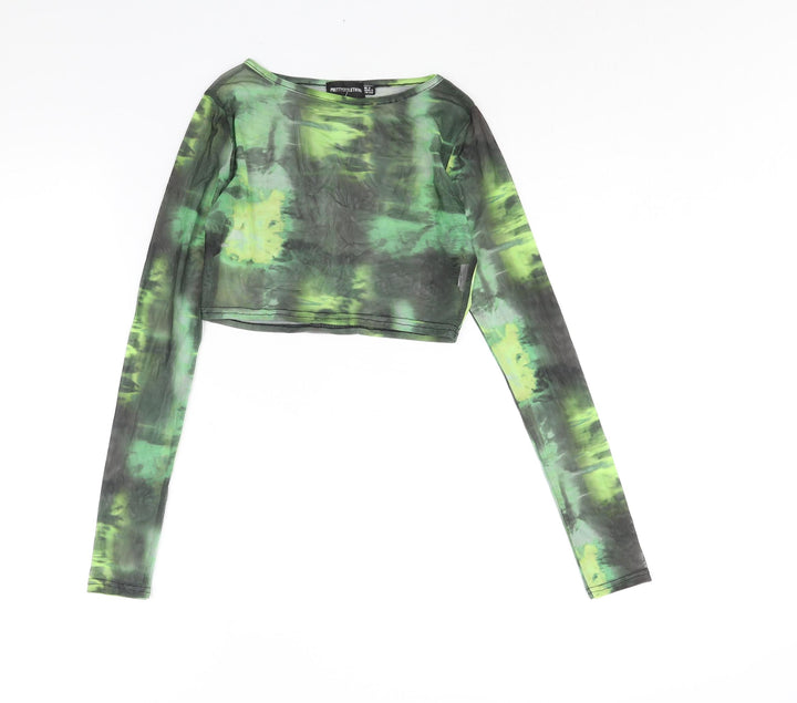 PRETTYLITTLETHING Womens Green Geometric Polyester Basic Blouse Size 6 Round Neck - Semi Sheer