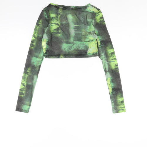 PRETTYLITTLETHING Womens Green Geometric Polyester Basic Blouse Size 6 Round Neck - Semi Sheer