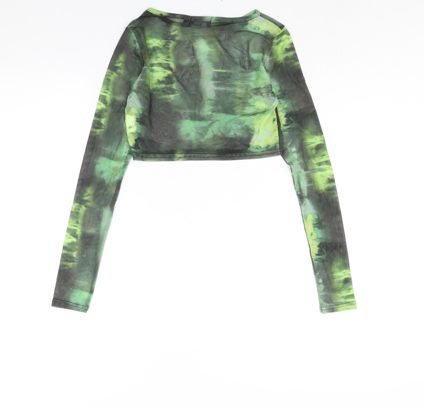 PRETTYLITTLETHING Womens Green Geometric Polyester Basic Blouse Size 6 Round Neck - Semi Sheer
