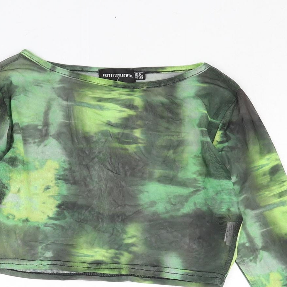 PRETTYLITTLETHING Womens Green Geometric Polyester Basic Blouse Size 6 Round Neck - Semi Sheer
