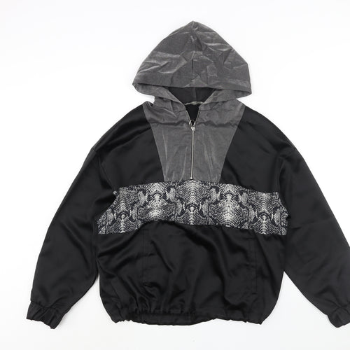 Zara Womens Black Colourblock Cotton Pullover Hoodie Size L Zip - Snakeskin Panel Drawstring Hem