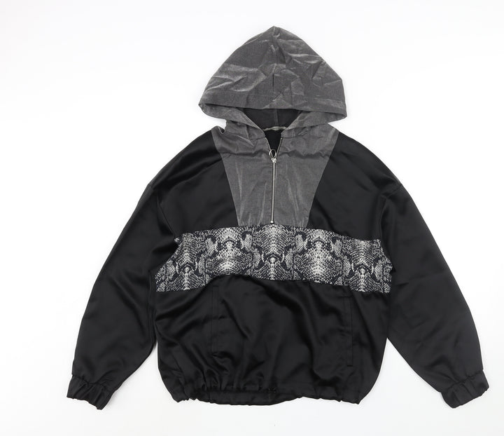 Zara Womens Black Colourblock Cotton Pullover Hoodie Size L Zip - Snakeskin Panel Drawstring Hem