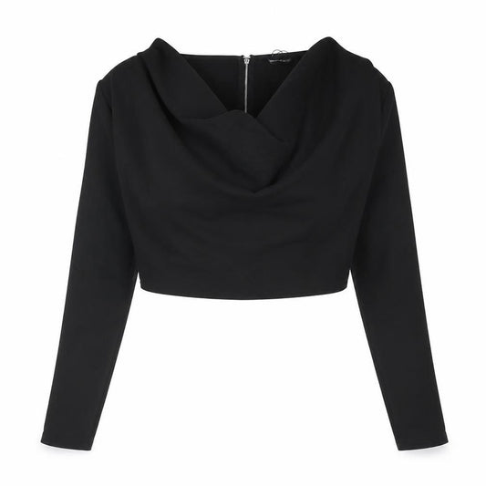Front view of PRETTYLITTLETHING women’s black polyester cropped blouse, size UK 10, cowl neck - shoulder pads