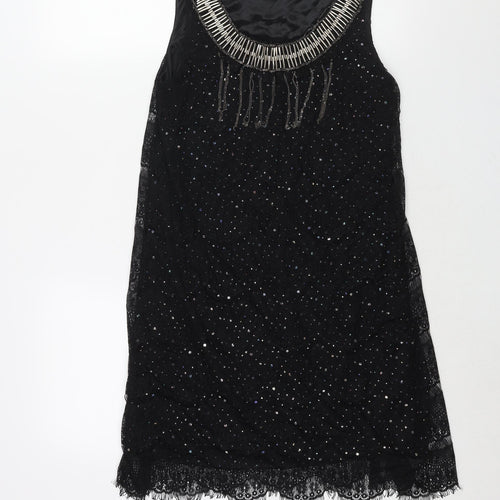 Yumi Womens Black Polyester Shift Size S Scoop Neck Pullover - Lace Chain Tassle